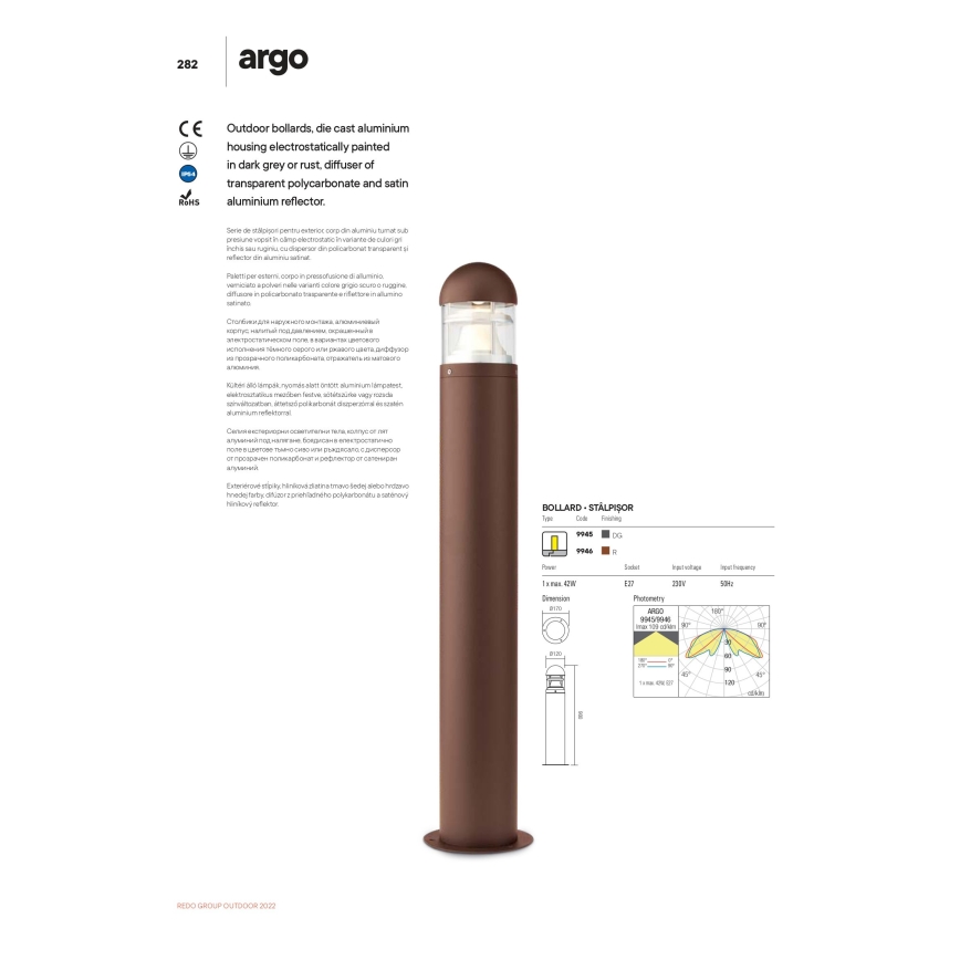 Redo 9945 - Candeeiro exterior ARGO 1xE27/42W/230V IP54