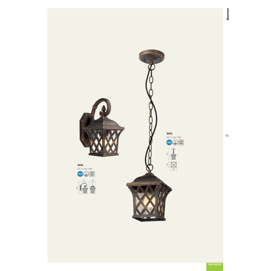 Redo 9952 - Candeeiro suspenso exterior BREMEN 1xE27/42W/230V IP23 dourado/pátina