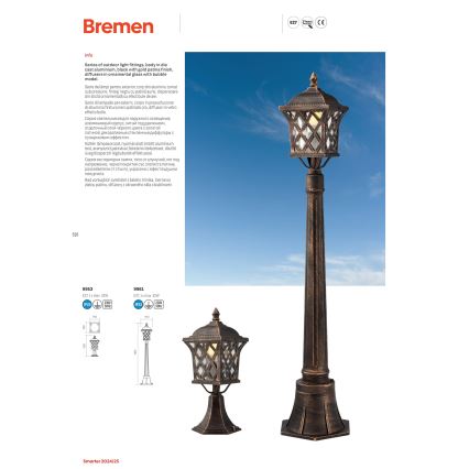 Redo 9953 - Candeeiro exterior BREMEN 1xE27/42W/230V IP23 dourado/pátina