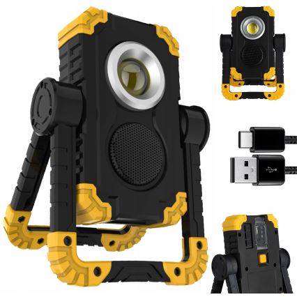 Refletor recarregável LED com altifalante e função powerbank LED/10W/5V 4400 mAh IP44 preto/amarelo