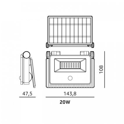 Refletor solar LED com sensor NCS G2 LED/20W/3,7V 3000/4000/6500K IP54 2600 mAh