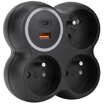 Régua de tomadas 3x 15A com portas USB-A e USB-C, preta