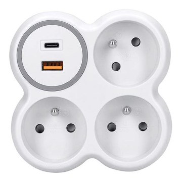 Régua de tomadas 3x 16A + carregador rápido USB-A e USB-C 20W