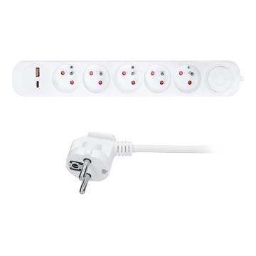 Régua de tomadas com interruptor, 5 tomadas e carregamento USB A+C, 3 m