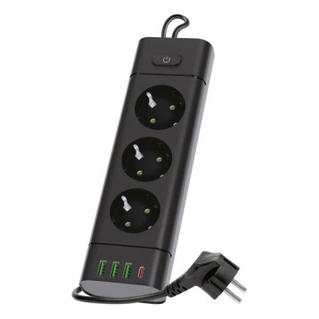 Régua de tomadas com interruptor LINEA PRO 3x230V + 3xUSB-A + 1xUSB-C SCHUKO 3 m preta
