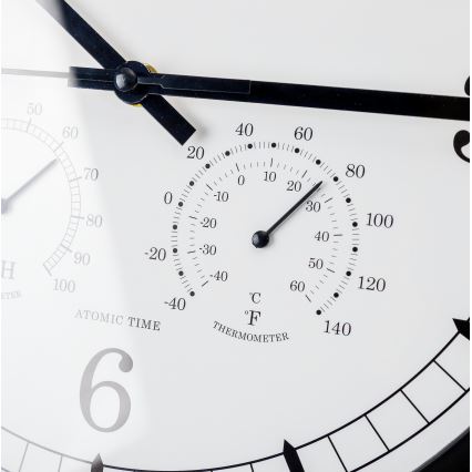 Relógio de parede com termómetro e higrómetro, diâmetro 30 cm, 1xAA, preto/branco