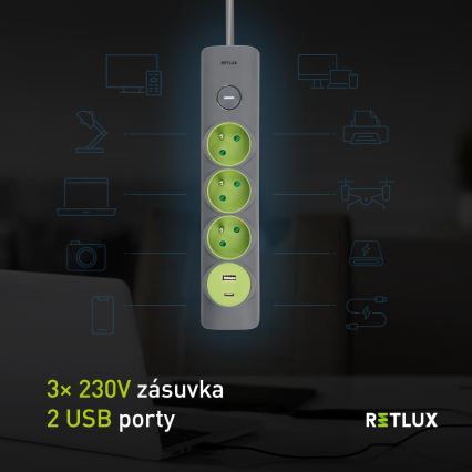 Retlux – Cabo de extensão 3 tomadas Tipo E com interruptor + 1x USB-A + 1x USB-C, 1,4 m, cinzento