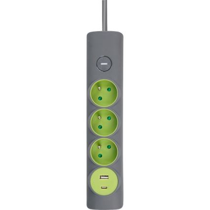 Retlux – Cabo de extensão 3 tomadas Tipo E com interruptor + 1x USB-A + 1x USB-C, 1,4 m, cinzento