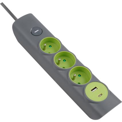 Retlux – Cabo de extensão 3 tomadas Tipo E com interruptor + 1x USB-A + 1x USB-C, 1,4 m, cinzento