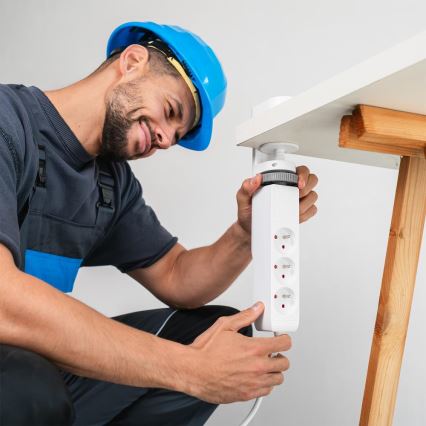 Régua de tomadas com grampo para secretária, 3 tomadas Tipo E + 2x USB-A + 1x USB-C, 1,5 m, branco