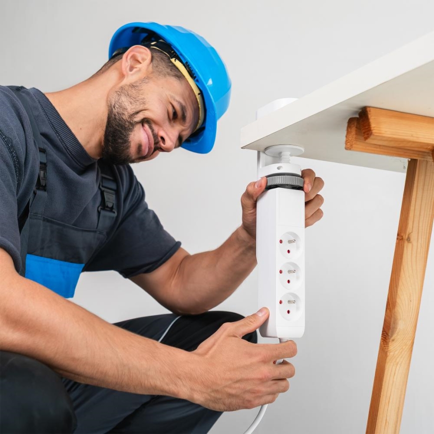 Régua de tomadas com grampo para secretária, 3 tomadas Tipo E + 2x USB-A + 1x USB-C, 1,5 m, branco