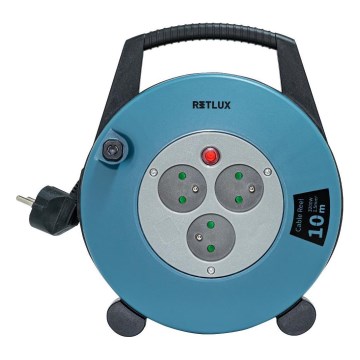 Retlux - Cabo de extensão em bobina 3 tomadas Tipo E 10 m azul/preto