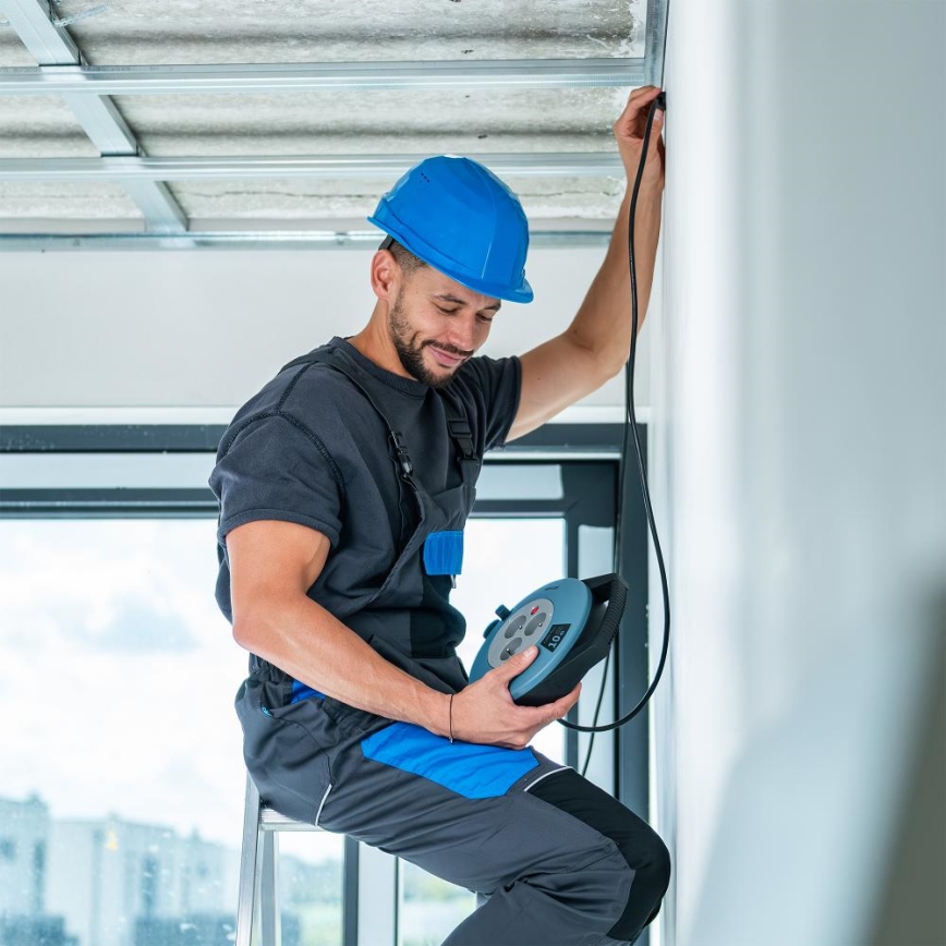 Retlux - Cabo de extensão em bobina 3 tomadas Tipo E 10 m azul/preto