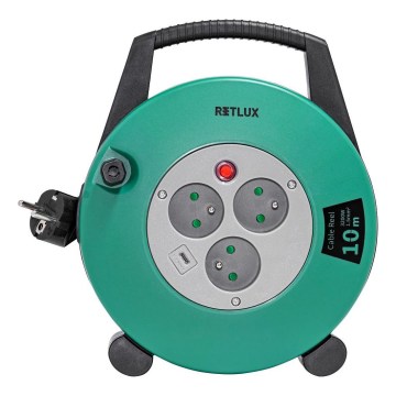 Retlux - Cabo de extensão em carretel com 3 tomadas, Tipo E, 10 m, verde/preto