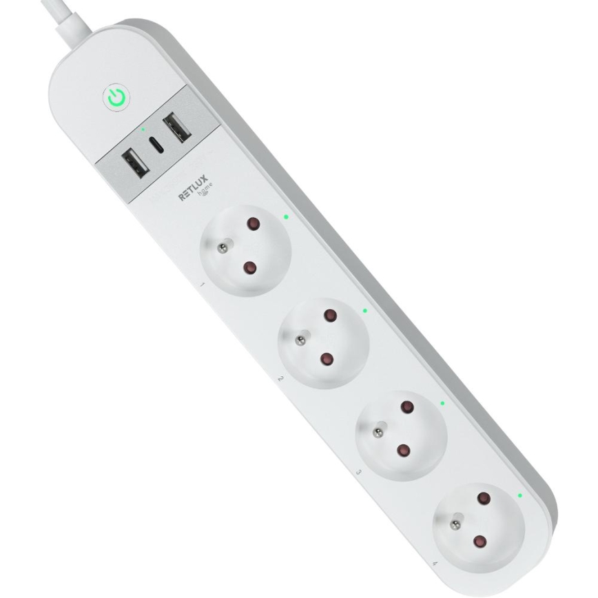 Cabo de extensão inteligente com interruptor 4Z + 2xUSB-A+1xUSB-C 1,5m Wi-Fi Tuya branco