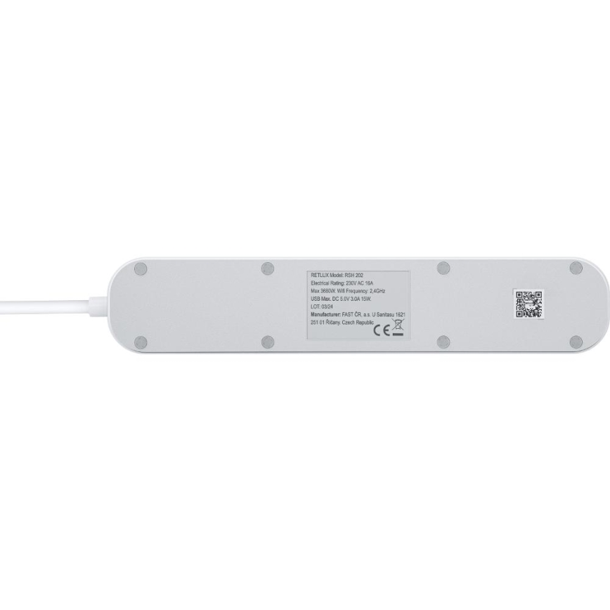 Cabo de extensão inteligente com interruptor 4Z + 2xUSB-A+1xUSB-C 1,5m Wi-Fi Tuya branco