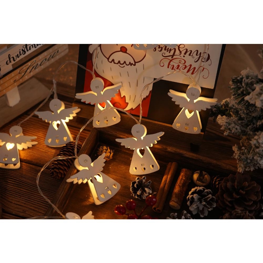 Corrente de Natal LED 10xLED/2xAA/branco quente 2m anjos