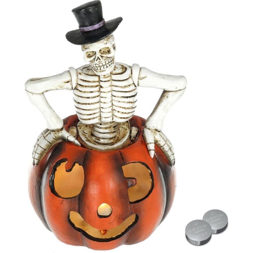 Decoração LED HALLOWEEN LED/2xLR44/branco quente esqueleto numa abóbora resina
