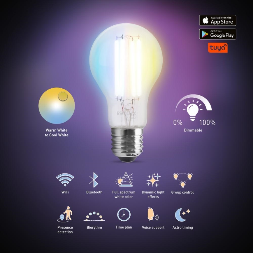 Lâmpada LED Regulável FILAMENTO A60 E27/7W/230V 2700-6500K Wi-Fi Tuya