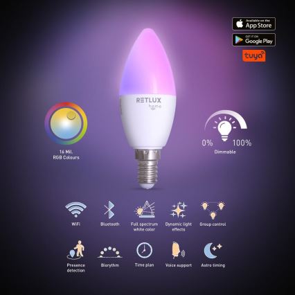 Lâmpada LED RGBW Regulável C37 E14/4,5W/230V 2700-6500K Wi-Fi Tuya