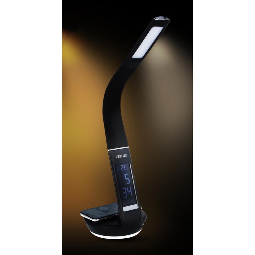 Lâmpada de mesa LED regulável com carregamento sem fio Qi 5W e display LED/6W/230V/1xCR2032 3000/4000/6000K preta