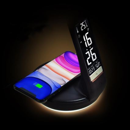 Lâmpada de mesa LED regulável com carregamento sem fio Qi 5W e display LED/6W/230V/1xCR2032 3000/4000/6000K preta