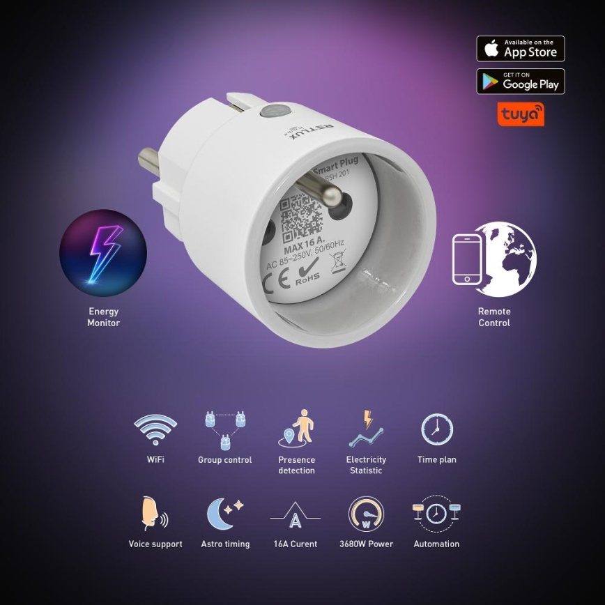 Tomada inteligente 3680W/230V/Tipo E/16A Wi-Fi Tuya