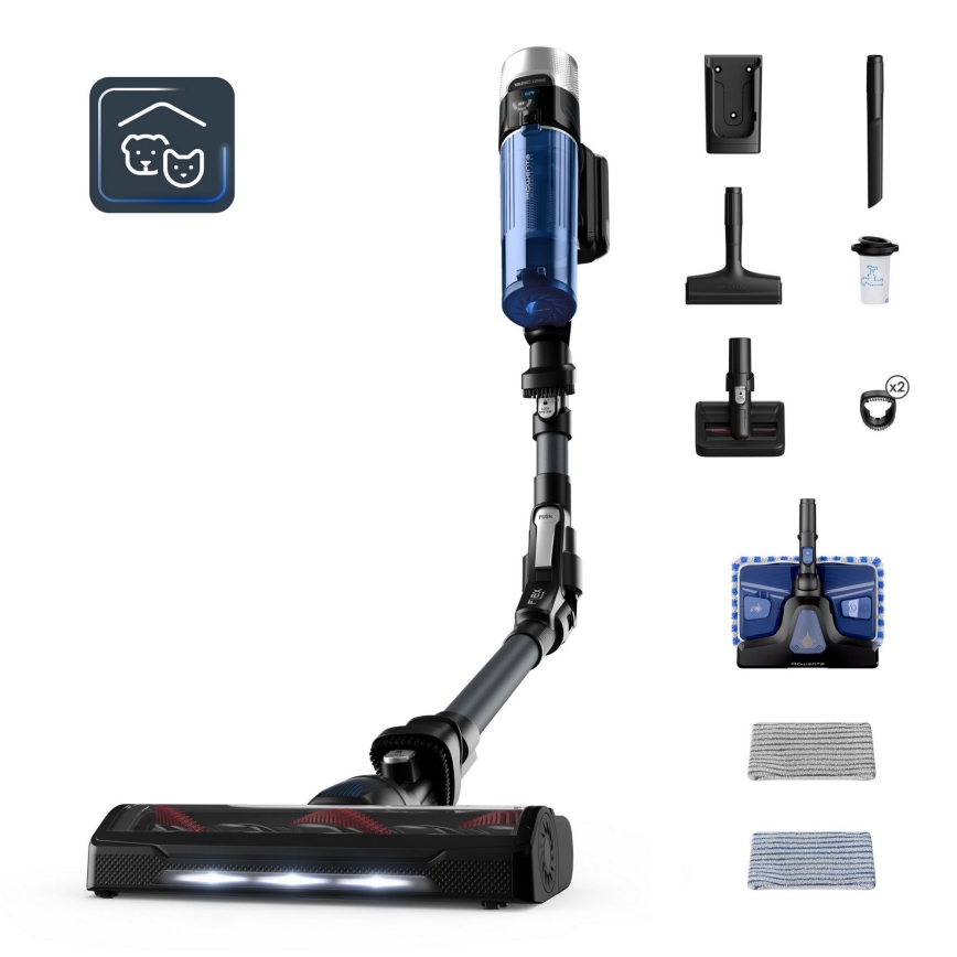 Rowenta - Aspirador vertical com mopa X-FORCE FLEX ANIMAL AQUA AUTO 4em1 250W/25,2V 2500 mAh preto/azul