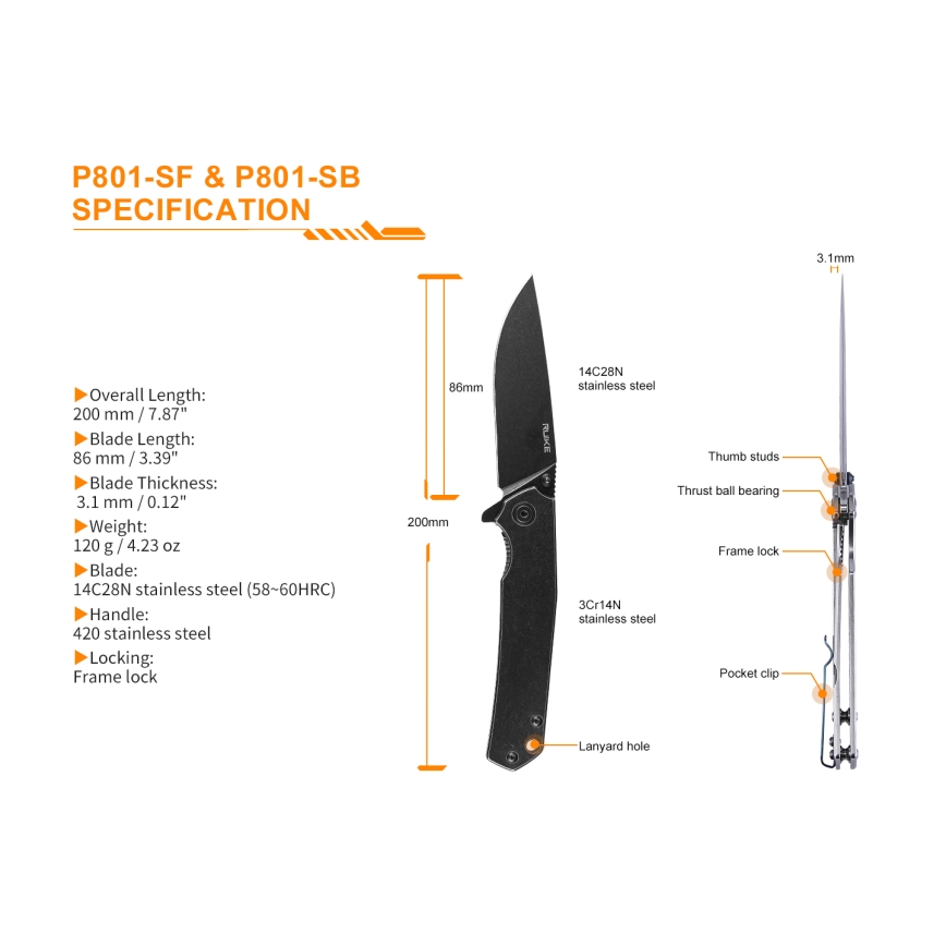 Ruike RUP801SF - Canivete de bolso dobrável 20 cm prata