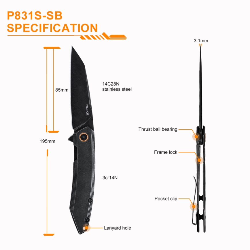 Ruike RUP831SSB - Faca compacta dobrável 19,5 cm preto