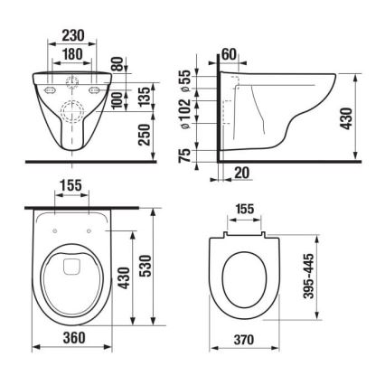 Sanita suspensa LYRA sem aro + assento sanitário LYRA SoftClose (fecho suave) + botão de descarga DUAL + módulo embutido + almofada isolante