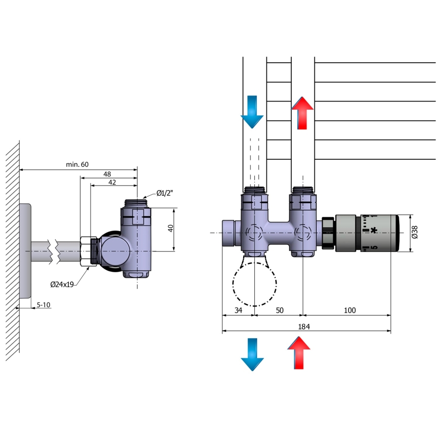 Sapho - Conjunto termostático de ligação para instalação central TWIN COMBI direita/inox mate