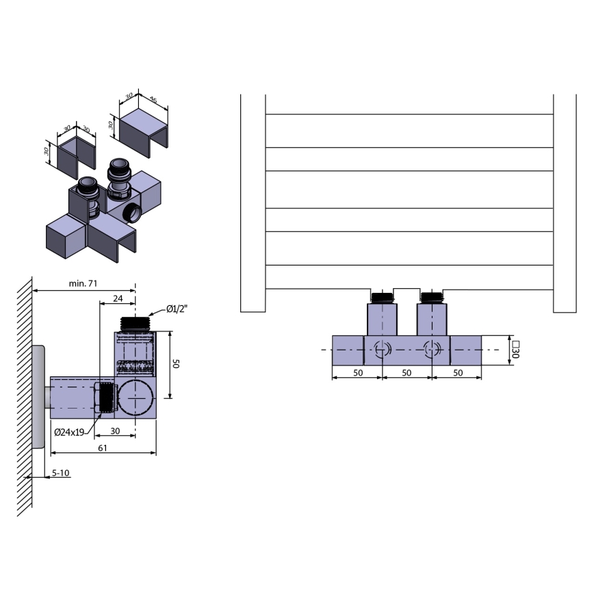 Sapho - Kit de válvulas para ligação central CUBE TWIN, aço inoxidável mate