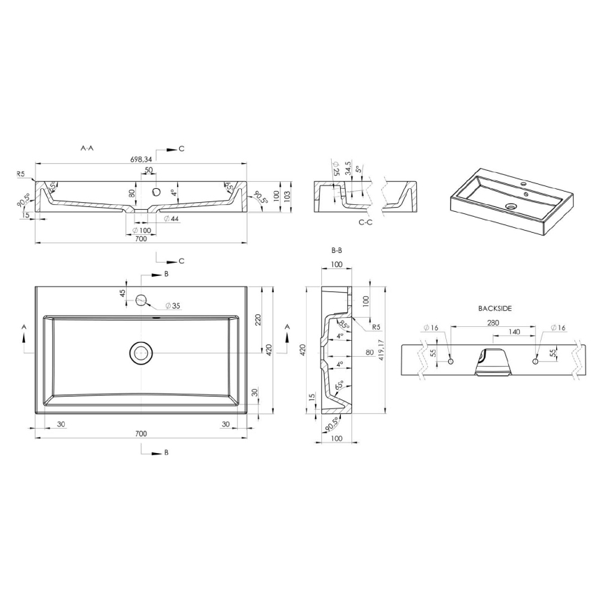 Sapho - Lavatório de apoio ORINOKO 70x42 cm mármore/branco