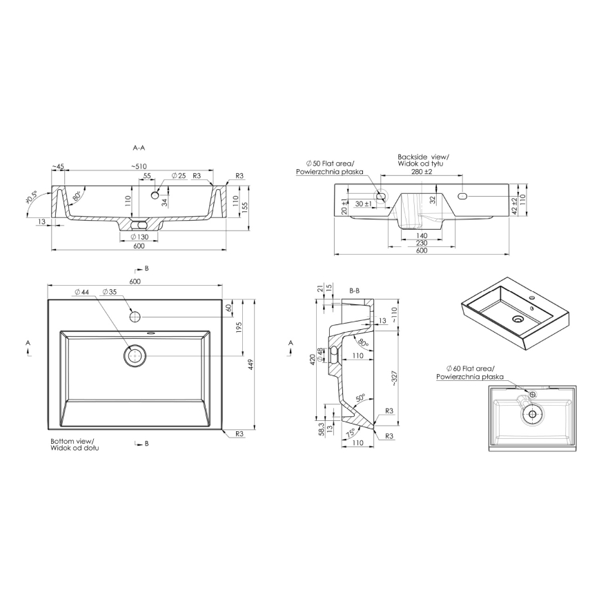 Sapho - Lavatório de bancada ORINOKO 60x45 cm mármore/branco