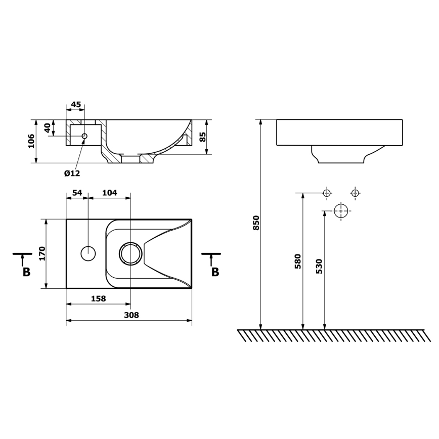 Sapho - Lavatório suspenso PICCOLINO 31x17 cm esquerdo/mármore fundido/branco