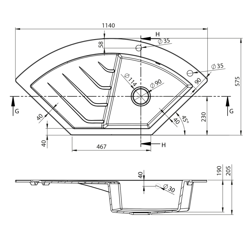 Sapho - Pia de cozinha de canto 114x57,5 cm granito/preto