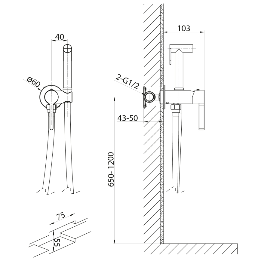 Sapho - Torneira de bidé com chuveiro para instalação embutida ICONIC redondo/mate preto