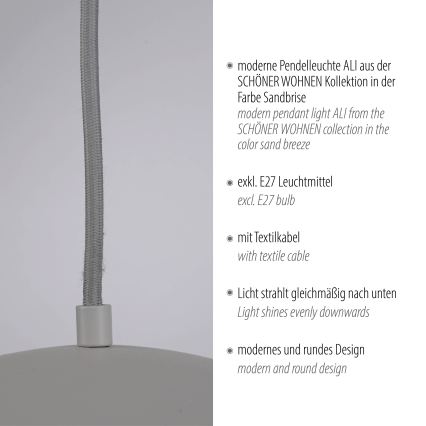 Schöner Wohnen 11728-39 - Lustre suspenso por cabo ALI 1xE27/25W/230V Ø 38 cm cinzento