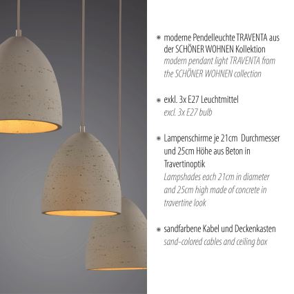 Schöner Wohnen 12541-42 - Lustre suspenso por cabo TRAVENTA 3xE27/40W/230V betão