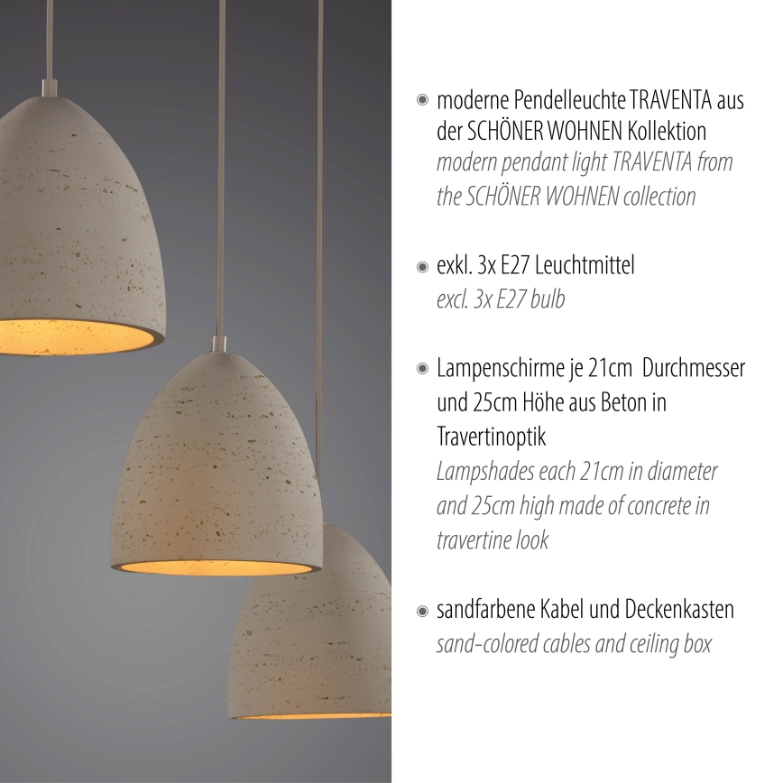 Schöner Wohnen 12541-42 - Lustre suspenso por cabo TRAVENTA 3xE27/40W/230V betão