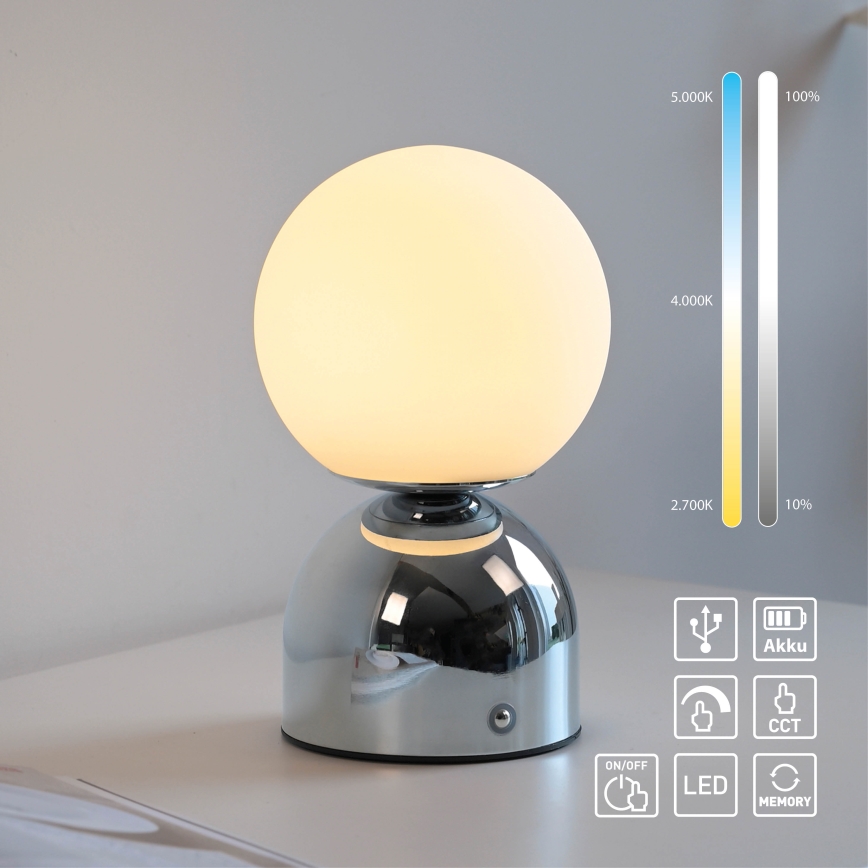 Schöner Wohnen 19218-17 - Lâmpada de mesa recarregável tátil e dimerizável RUDI LED/1,2W/5V 3000-6000K 1200 mAh cromado brilhante