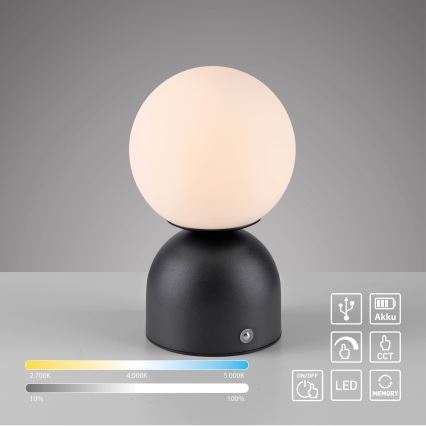Schöner Wohnen 19218-18 - Lâmpada de mesa recarregável com dimmer sensível ao toque RUDI LED/1,2W/5V 3000-6000K 1200 mAh preta