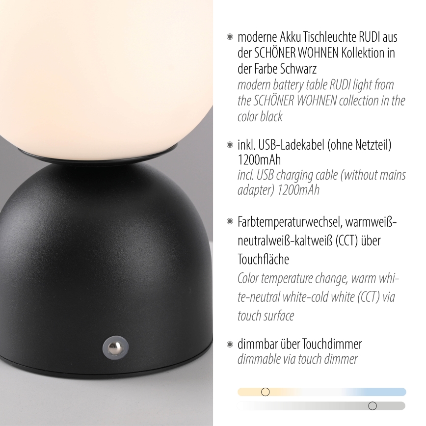 Schöner Wohnen 19218-18 - Lâmpada de mesa recarregável com dimmer sensível ao toque RUDI LED/1,2W/5V 3000-6000K 1200 mAh preta