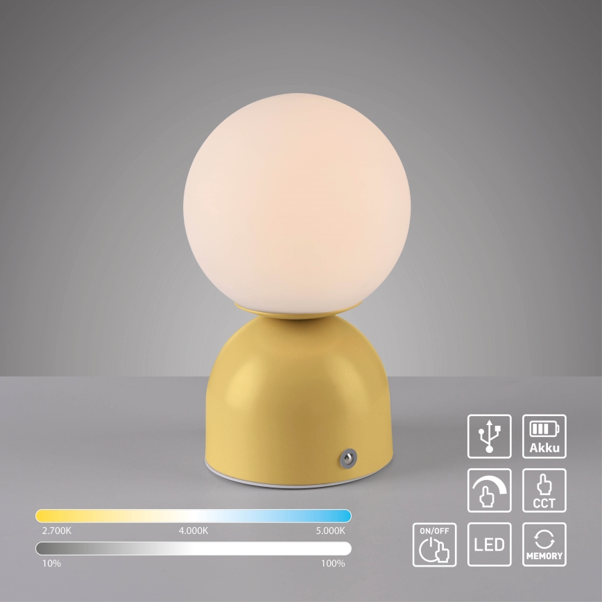 Schöner Wohnen 19218-81 - Candeeiro de mesa recarregável LED RUDI, dimerizável por toque, LED/1,2W/5V 3000-6000K 1200 mAh amarelo