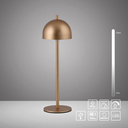 Schöner Wohnen 19244-12 - Candeeiro de mesa exterior recarregável, dimerizável e com controlo tátil BELLIS LED/2,5W/5V 2600 mAh IP54, dourado