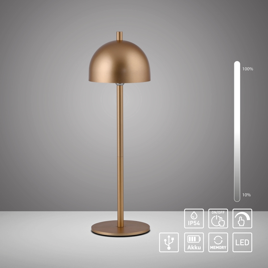 Schöner Wohnen 19244-12 - Candeeiro de mesa exterior recarregável, dimerizável e com controlo tátil BELLIS LED/2,5W/5V 2600 mAh IP54, dourado