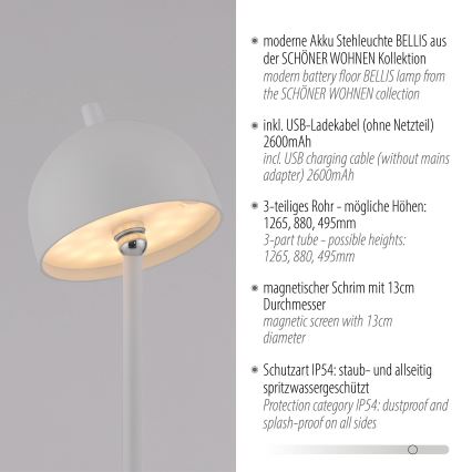 Schöner Wohnen 19245-16 - Candeeiro de pé recarregável para exterior, tátil e regulável BELLIS LED/2,5W/5V 2600 mAh IP54 branco