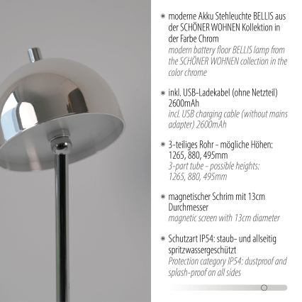 Schöner Wohnen 19245-17 - Lâmpada de pé exterior LED BELLIS, recarregável e dimerizável por toque, LED/2,5W/5V 2600 mAh IP54, cromo brilhante