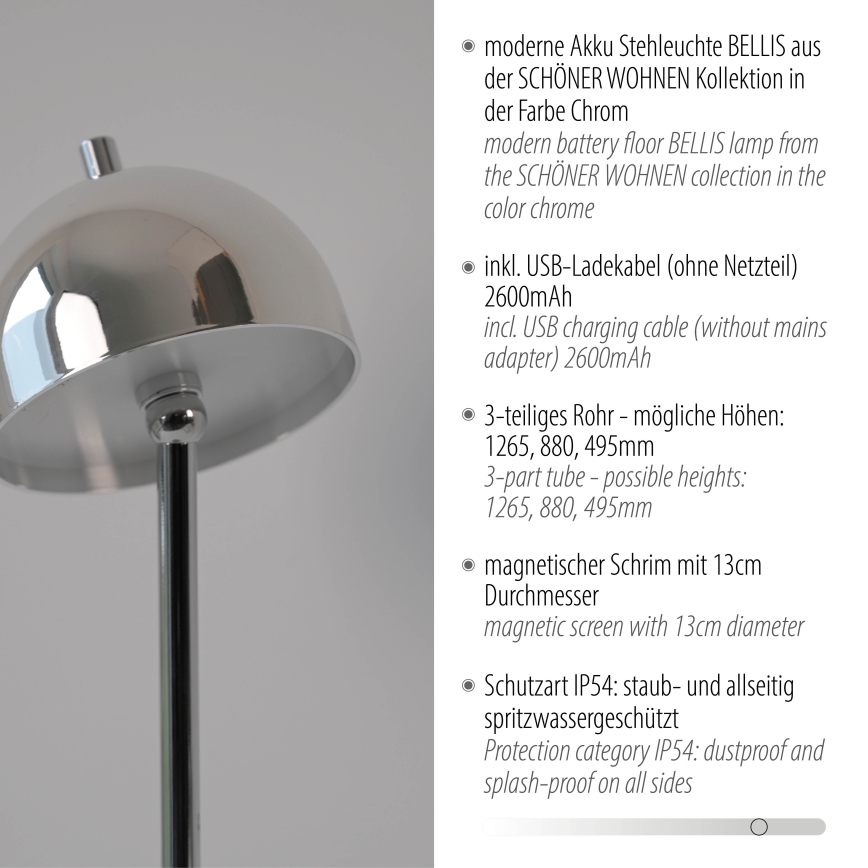 Schöner Wohnen 19245-17 - Lâmpada de pé exterior LED BELLIS, recarregável e dimerizável por toque, LED/2,5W/5V 2600 mAh IP54, cromo brilhante